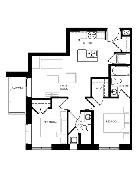 Floor plan for 2 beds, 1 bath, 835 sqft
